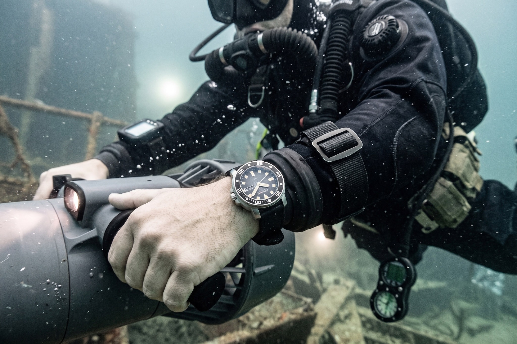 Technischer Taucher mit NauticFish Uhr und Unterwasserscooter