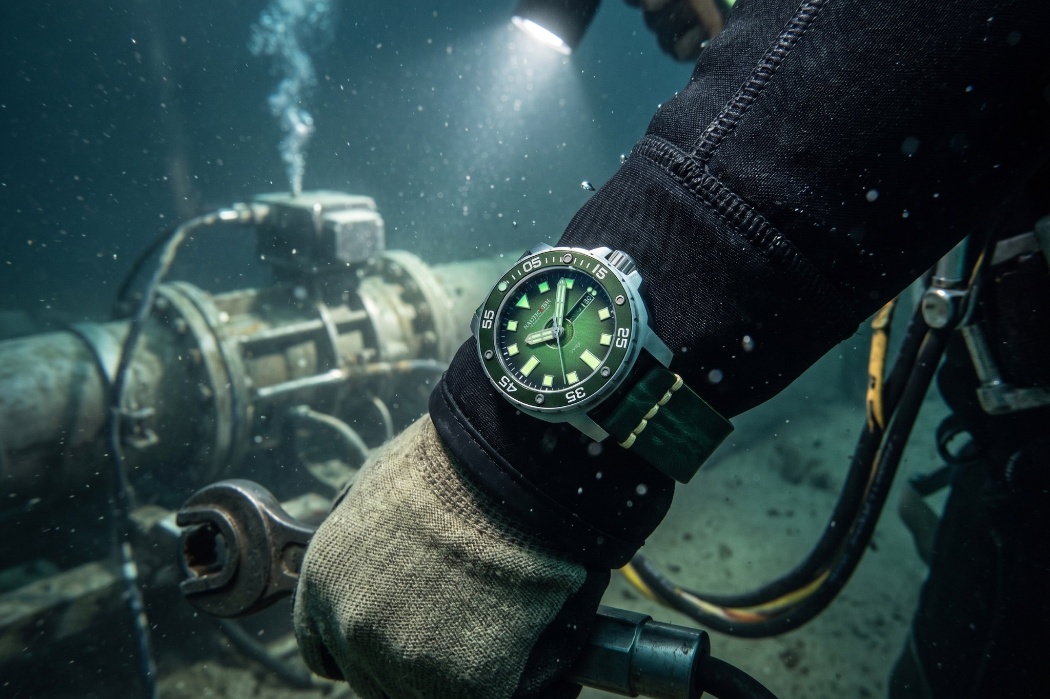 Unterwasser Einsatz mit grüner NauticFish Uhr